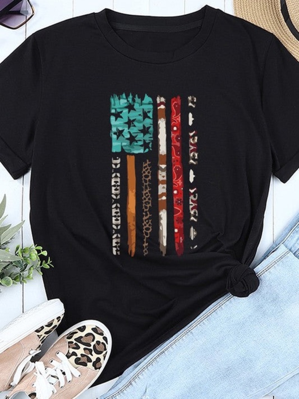 Flag Tee with Teal, Brown, Red & Cream Stripes